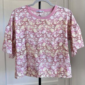 Zara Pink Lace Mesh Floral Cropped Boxy Short Sleeve Top Size S